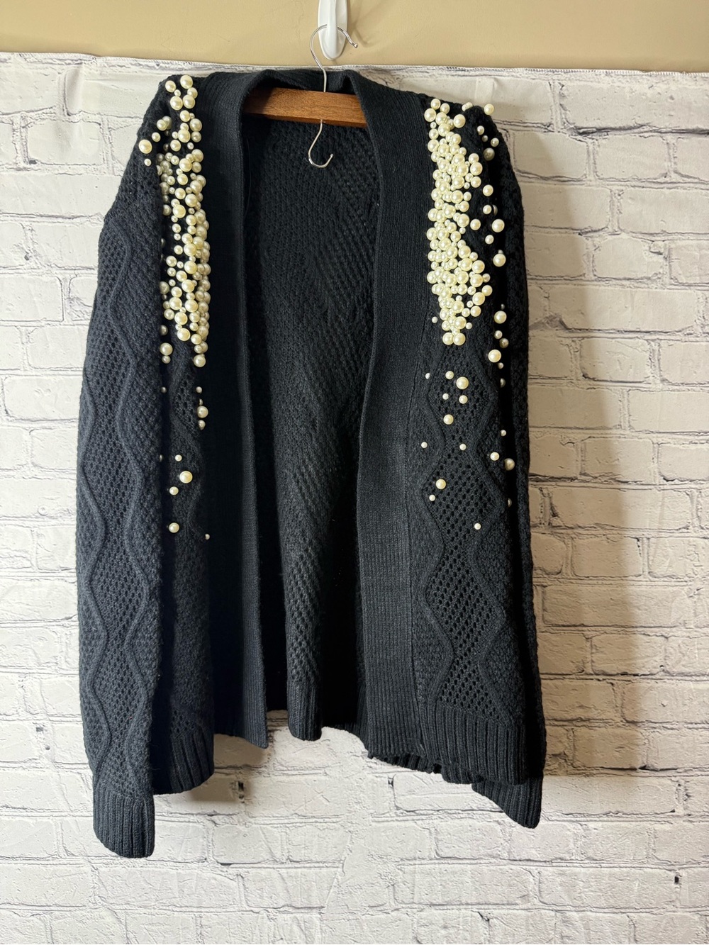 Vintage funsport Black Pearl-Embellished Open Front Women's Sweater Cardigan xl
